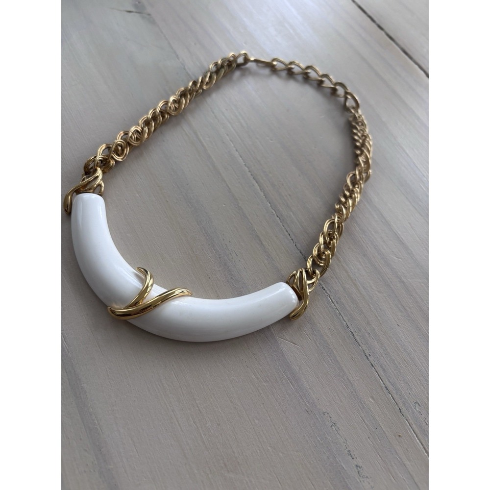 Monet Vintage Gold Tone White Lucite Half Moon Choker‎ Necklace Signed 17" EUC